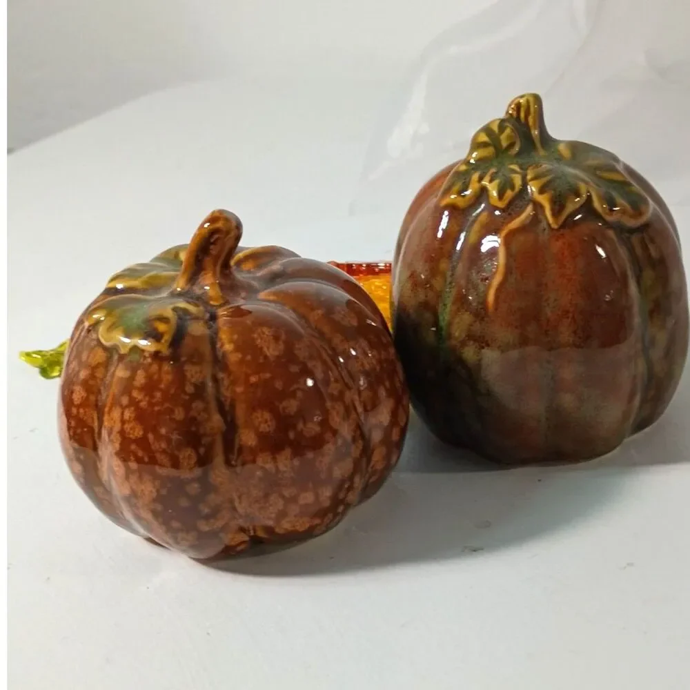 Vintage Greenbrier Ceramic Pumpkin Figurines Pair - Fall Autumn Harvest Decor